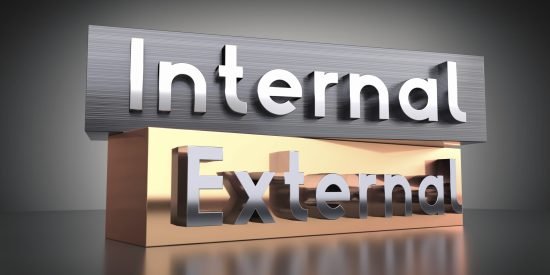 Internal, external - words on metal blocks - 3D illustration
